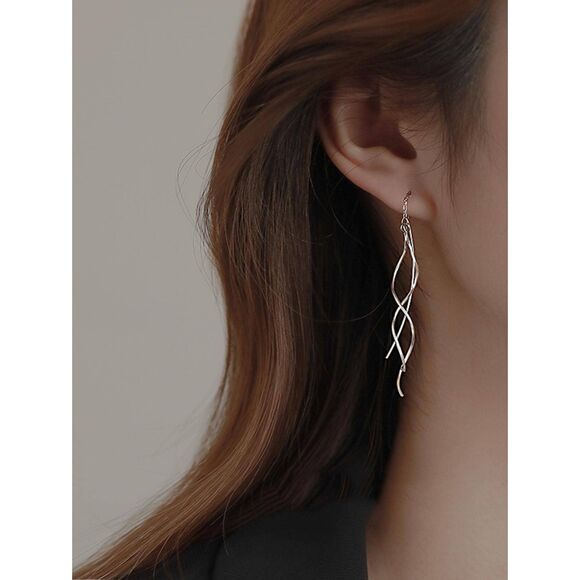 Boutique Jewelry - Long Silver Twist Design Drop Earrings Dangle Chandelier Statement Swirl Unusual